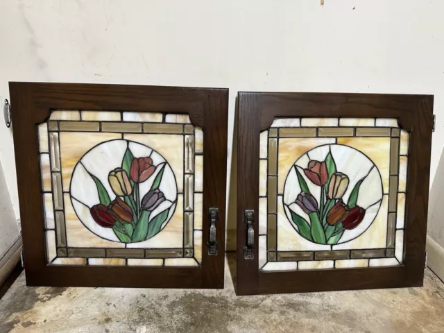 21” X 21” Cabinet Doors With Bauer Brothers Stained Glass Windows Flowers