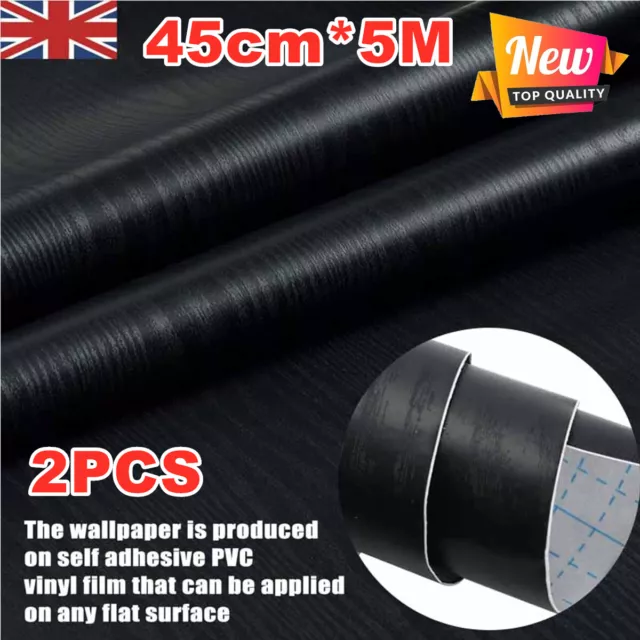 2X 5M Black Wood Grain Wallpaper Self Adhesive Furniture Wall Sticker Vinyl Wrap