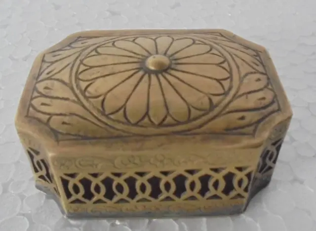 Vintage Brass Unique Shape Inlay Engraved Handcrafted Jali Cut Betel Nut Box