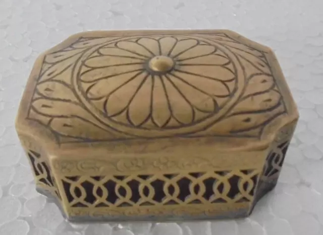 Vintage Brass Unique Shape Inlay Engraved Handcrafted Jali Cut Betel Nut Box