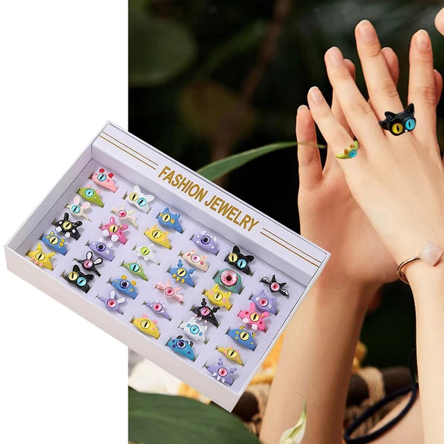 36 Pieces Little Girl Jewel Rings in Box Cartoon Rings Pretend Play Dress up