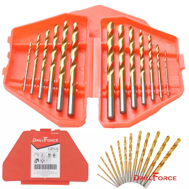13PCS Drill Bit Set 1/16"-1/4" HSS Titanium Jobber Length Twist Tools Drill Bits