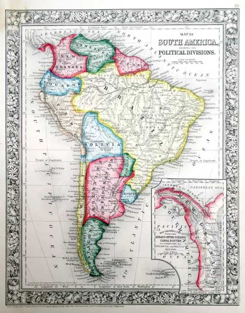 1863 SOUTH AMERICA, CONTINENT and COUNTRIES, MITCHELL ANTIQUE HAND-COLORED MAP