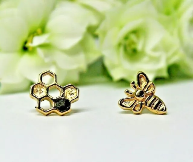 14k Solid Gold Bee & Honeycomb Ends Body Jewelry 25g Pin Threadless