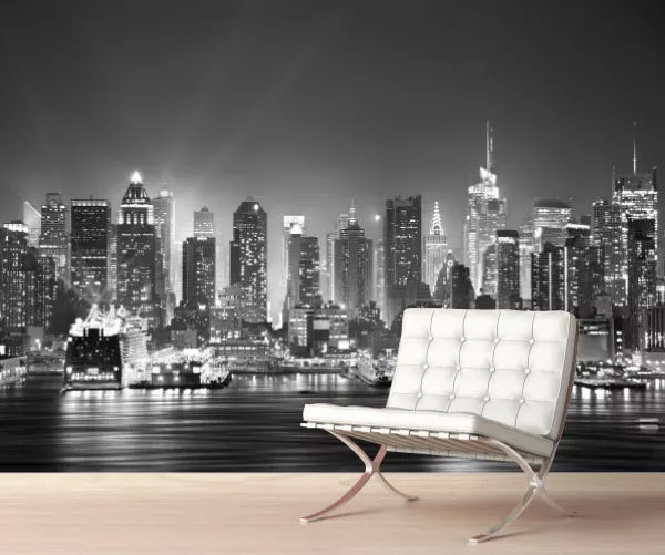 New York City Night Skyline Wall Mural Photo Wallpaper Picture Black and White