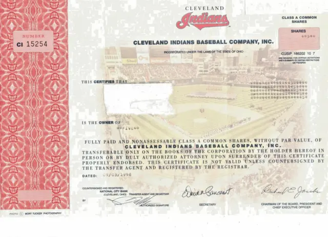 1998 Cleveland Indians Baseball Club Stock Certificate