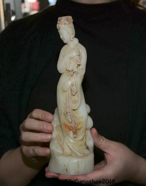 8.4" Old Natural White Jade Carved Dynasty beautiful woman beauty Belle Statue