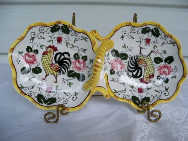 Ucagco China Early Provincial Rooster & Roses 2 Part Relish Dish Center Handle