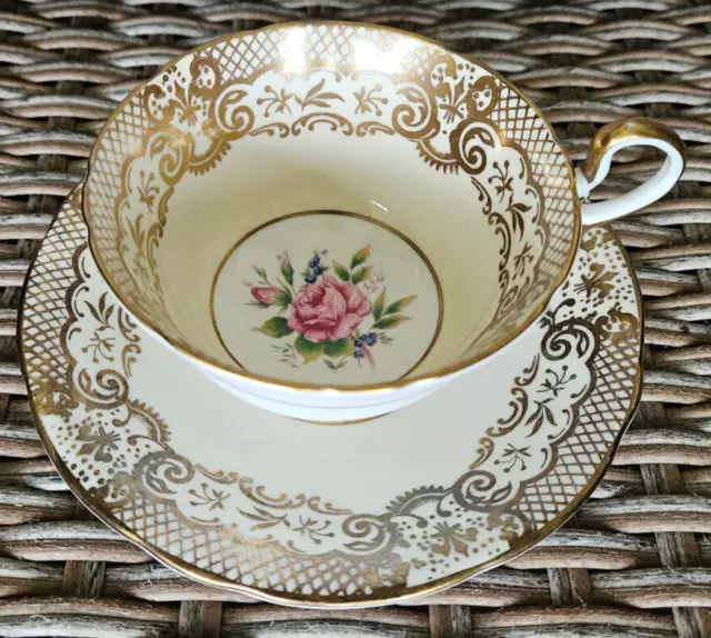 Aynsley Heavy Gold Pink Cabbage Rose Center Teacup And Saucer Set Antique