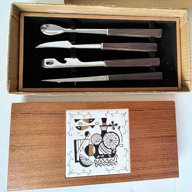 Vintage NOS Wood Tile Cheese Charcuterie Board w/ Knife utencils MCM