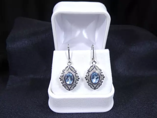3.06 ct Natural Oval Shape Blue Topaz Solid Sterling Silver Lever-back Earrings
