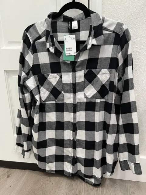 NWT Women’s H&M Black White Plaid Flannel 100% Cotton Button Down Shirt Top Sz 6