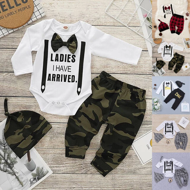 3PCS Newborn Baby Boys Gentleman Outfits Romper Tops Pants Hat Party Clothes Set