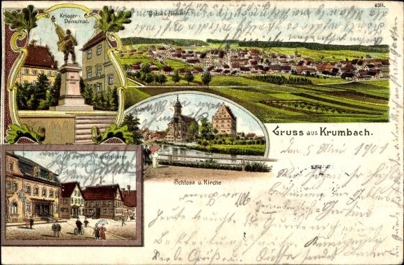 Litho Krumbach Schwaben, Kriegerdenkmal, Marktplatz, Schloss,... - 3520539