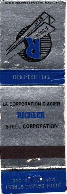 Montreal Quebec Canada Richler Steel Corporation Vintage Matchbook Cover