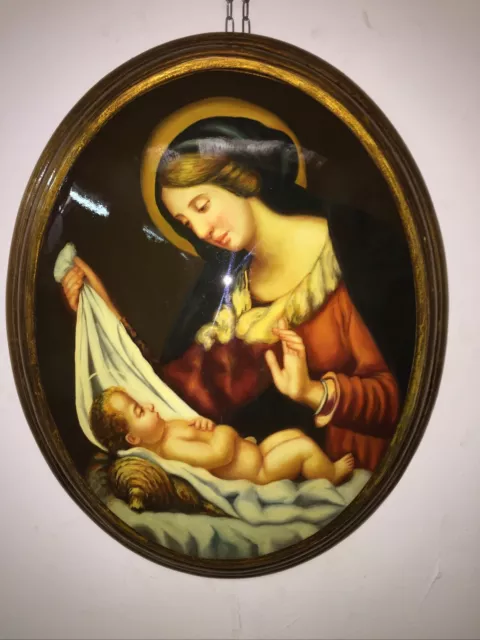 Quadro capezzale Madonna Del Velo barocco dipinto olio Su medaglione oro 40x50