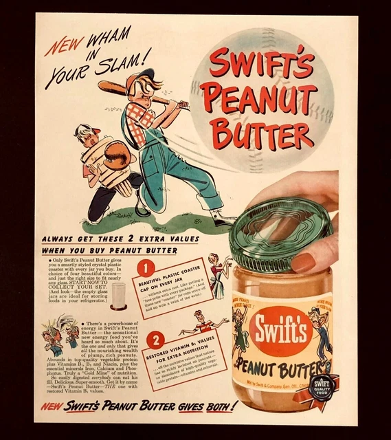 1949 SWIFTS PEANUT Butter Advertisement Boys Playing Baseball Art Vtg