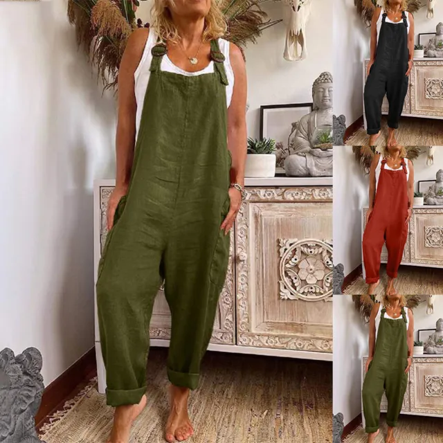 Womens Cotton Linen Strappy Jumpsuit Dungarees Ladies Baggy Overalls Trousers UK