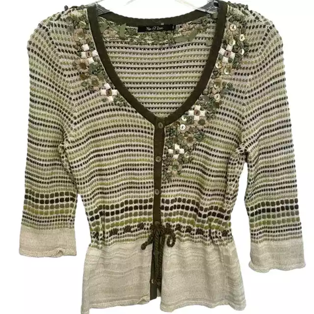 Nic & Zoe Embellished Button Cardigan Womens Medium Olive Green Tie Waist Boho