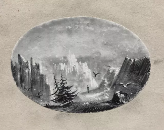 Paysage De Montagne, Dessin Miniature Ancien, Fin XIXe Ou Début XXe