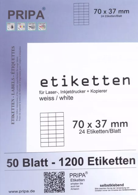 1200 Etiketten 70x37 mm = 50 Blatt DIN A4 Label selbstklebend PRIPA weiß 3474