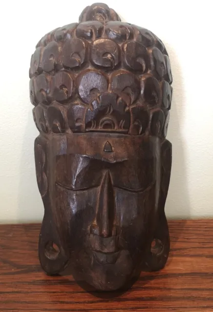 Vintage Hand Carved Wooden Indian Budda Head Wall Hanging 12" High