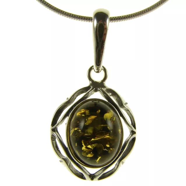 Baltic Amber Sterling Silver 925 Green Pendant Necklace Snake Chain Jewellery