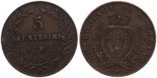 San Marino - 5 Centesimi 1894 - Kupfer, 5g, ø 25mm KM# 1