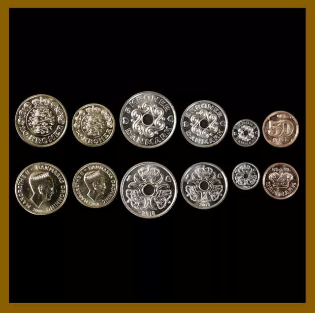 Denmark 50 Ore 1 2 5 10 20 Kroner (6 Pcs Coin Set), 2018 Queen Margrethe II Unc