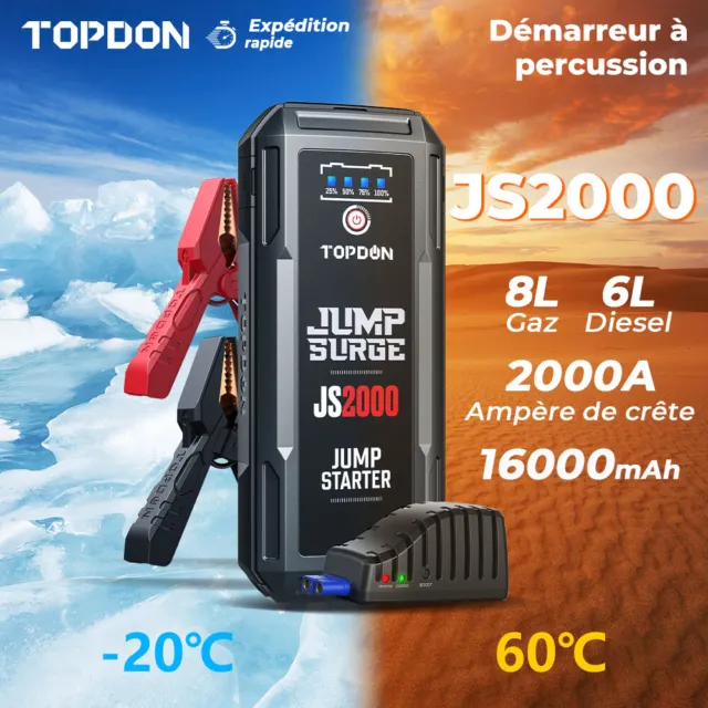 TOPDON JS2000 2000A 12V Testeur de batterie de démarrage de voiture avec  banque d'alimentation 16000mAh