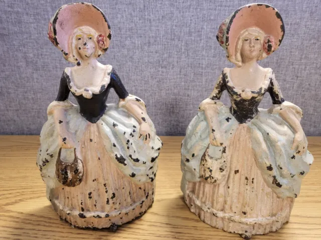 Hubley Cast Iron Pair Southern Belle Maiden Doorstops 1920's 10 1/2 inches tall