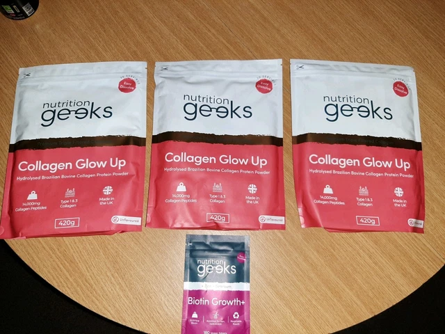 Mutition Geeks NUTRITION GEEKS COLLAGEN Glow Up X3 Bags 420g Each. Plus Biotin Growth+ ...