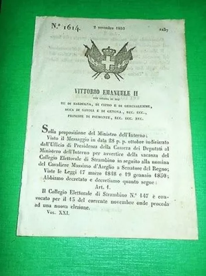 Decreti Regno Sardegna Convocazione Collegio Elettorale di Strambino 1853