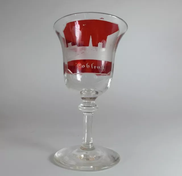 Bicchiere Ciotola Piede Vetro Tinto, Coblenz, Inciso a Mano, Circa 1900 AL55