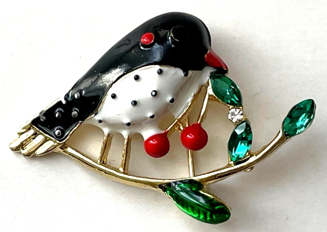 Broche Vintage Petit Oiseau Rouge Avec Décoration Cerise Blanche En Relief - Modèle 649, Occasion Bon état