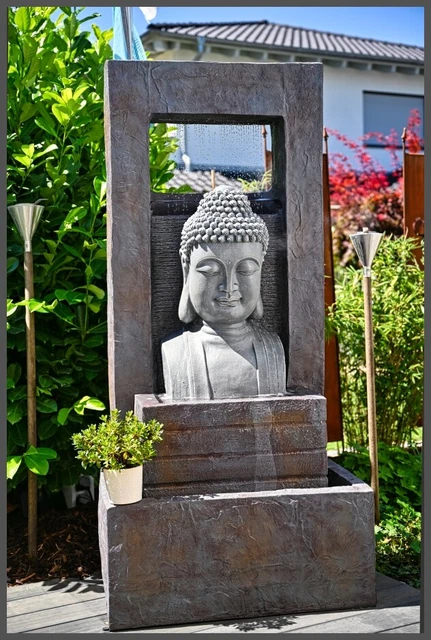 XXL BUDDHA BRUNNEN modern 180 cm Gartenbrunnen/Wasserwand 3 LEDs grau