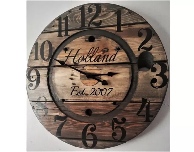 Farmhouse Wood Spool Wall Clock - 24 IN Round Wooden Clock - Personalized Gift