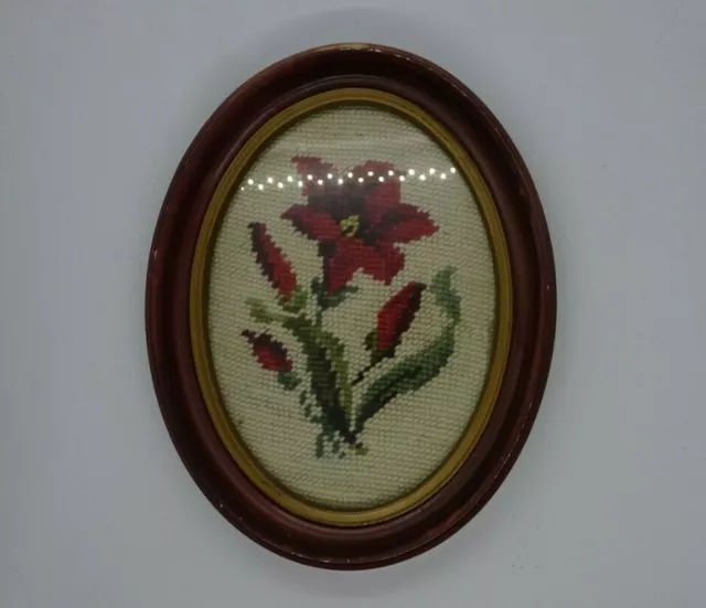 Americana Antique Needlepoint - Red Flower pattern - Folk Art, home craft.