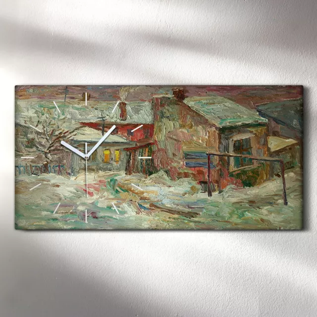 Horloge Silencieuse murale sur toile 60x30 huile peinture village hiver neige