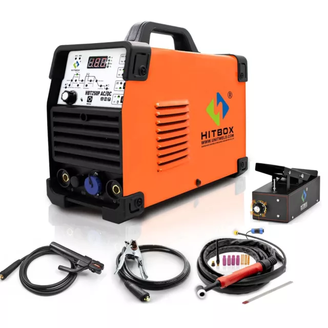 HITBOX TIG WELDER 220V AC/DC HF IGBT TIG/MMA DC WELDER MACHINE ALUMINUM W/Pedal