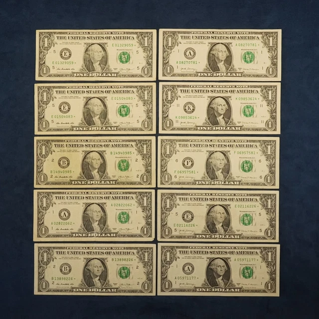 Lot of 10 $1 Federal Reserve Star Notes - Free Shipping USA