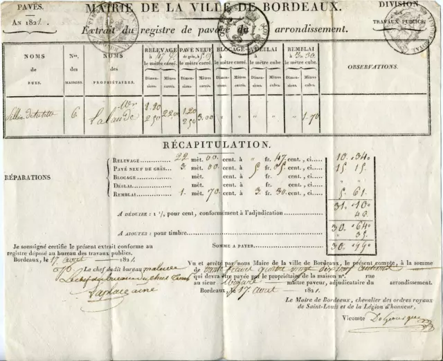 1821 Extrait du registre de pavage 3eme arrondissement  ville de BORDEAUX