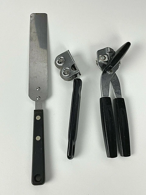 3 Vintage EKCO Utensils Pull Thru Knife Sharpener Can Opener & Spatula Black Hdl