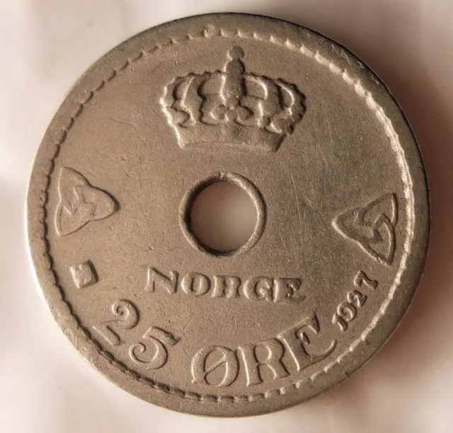 1927 NORWAY 25 ORE - Early Collectible Coin - FREE SHIPPING - Norway Bin #3