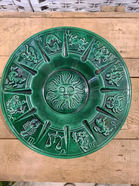 Vintage Retro Star Signs Zodiac Glazed Ceramic Plate Ashtray Green 25.8cm