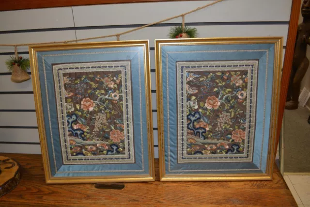 PAIR Framed Oriental Silk Embroidery Panels Stitched Blue Peach Floral Forbidden