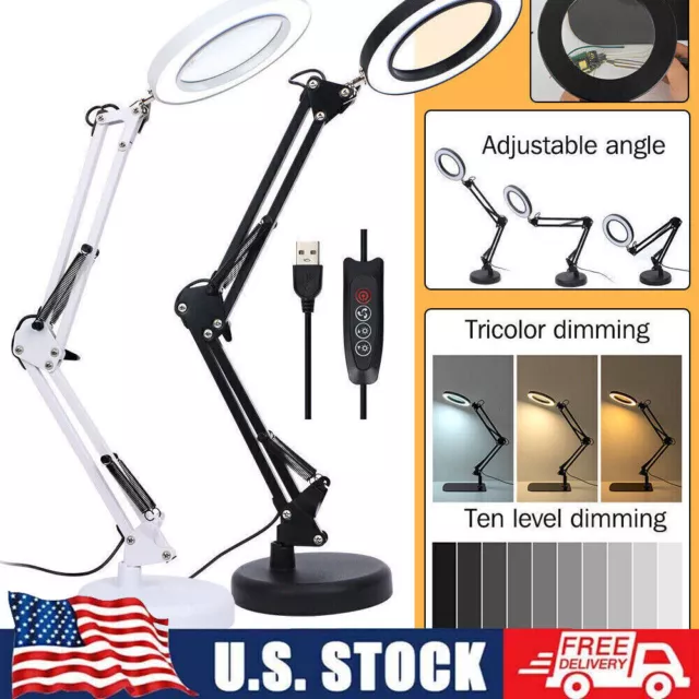 10X Magnifying Glass Desk Light Magnifier LED Lamp Reading Lamp With Base US