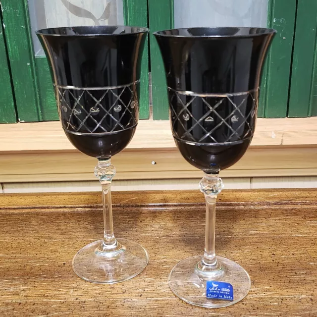 Set of 2 Le Stelle Black Crystal Wine Glasses Italian Cut to Clear Made in Italy