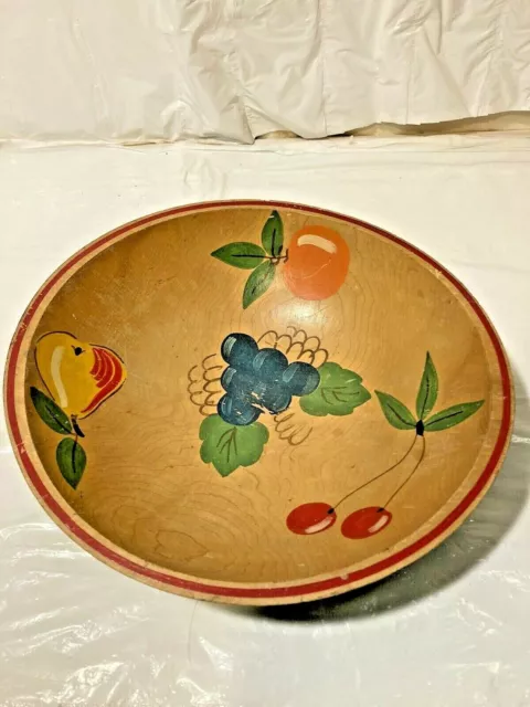 Vtg Wooden SALAD Bowl 10" Hand Turned FRUIT Painted PEAR Peach CHERRIES Grapes
