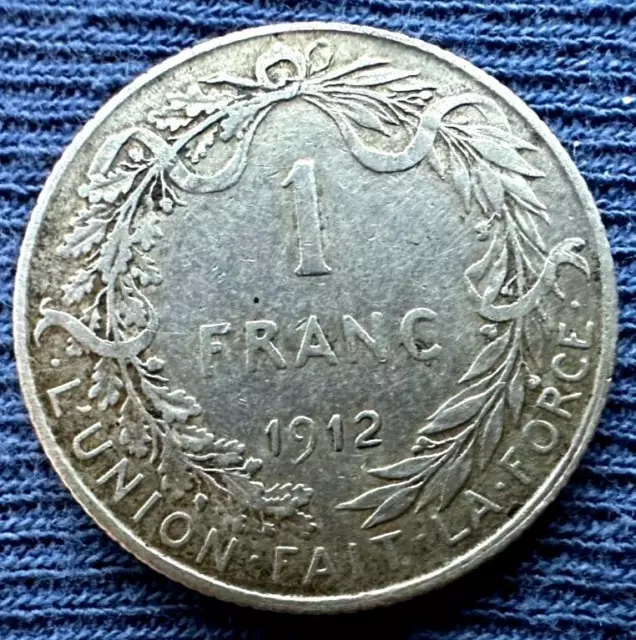 Belgium 1 Francs Coin 1912 XF AU  .835 Silver French Text    #MX206